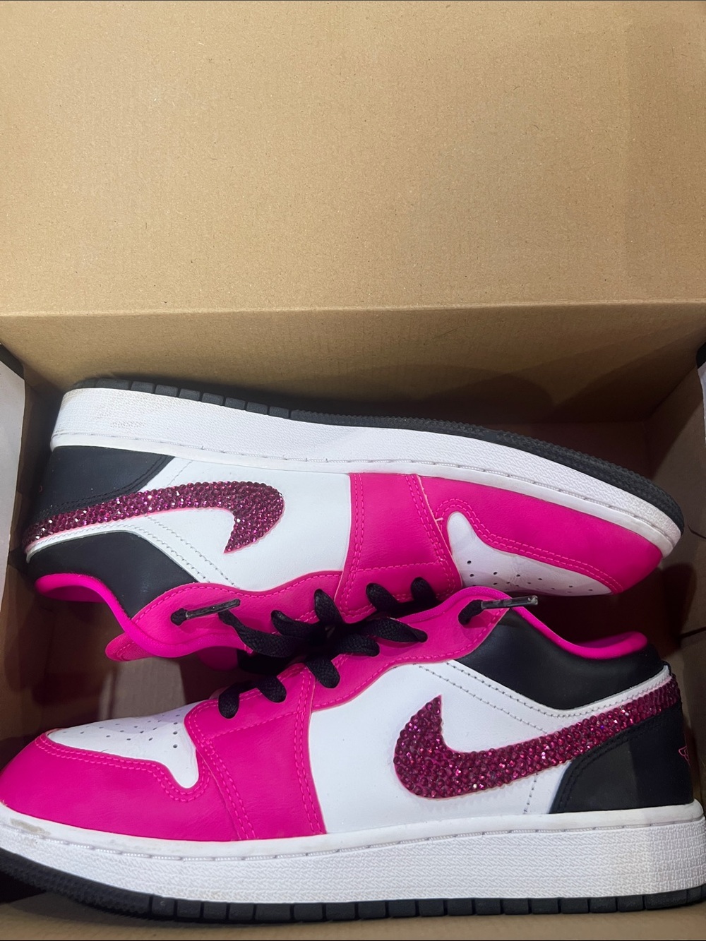 Air Jordan 1 Low Kids Hot Pink Black White Low-Top Sneakers with Crystal Swoosh